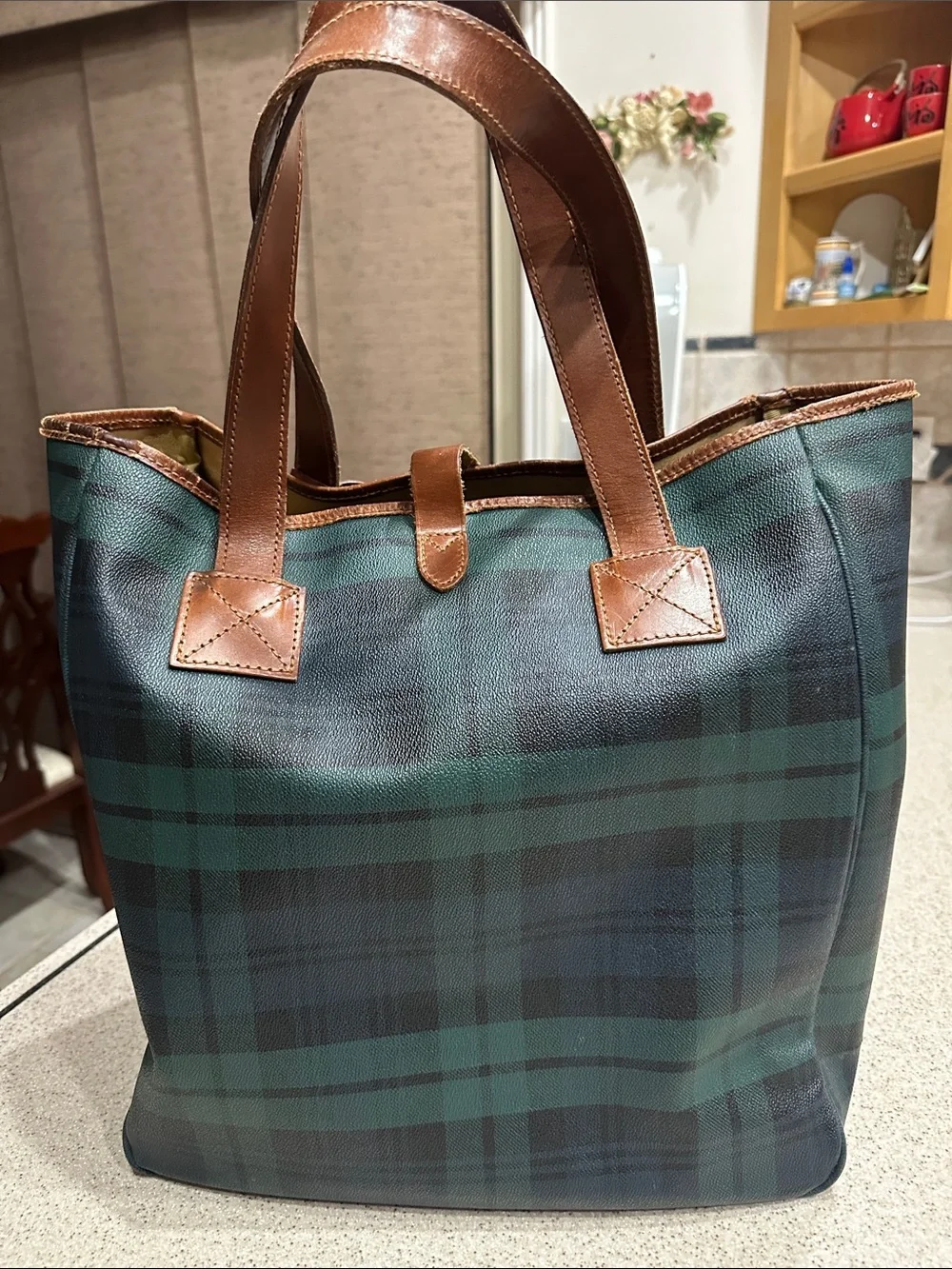 VTG Polo Ralph Lauren Green & Navy Blue Plaid Tote Bag with Brown Leather Trim